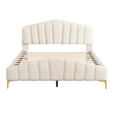 Queen Size Velvet Upholstered Platform Bed with Stripe Decorated Bedboard