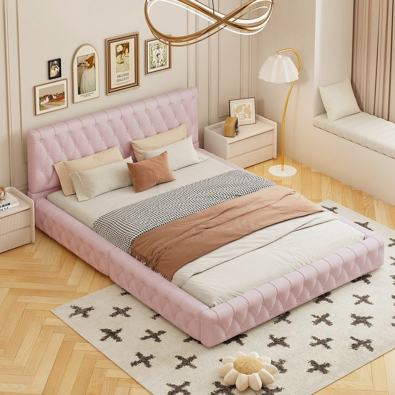 Queen Size Velvet Upholstered Platform Bed with Tufted Headboard
