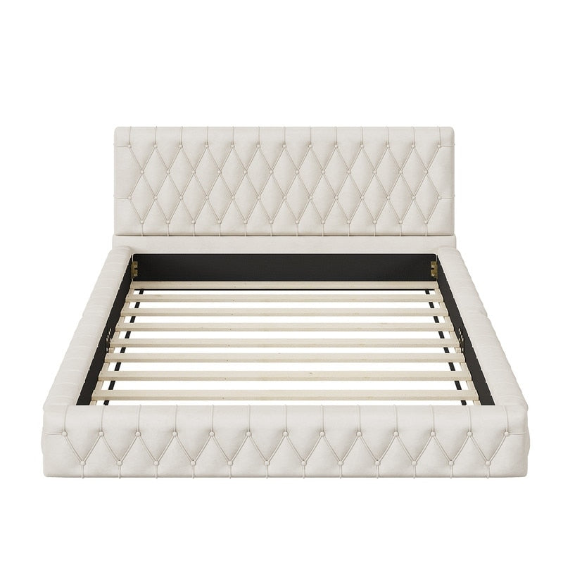 Queen Size Velvet Upholstered Platform Bed with Tufted Headboard