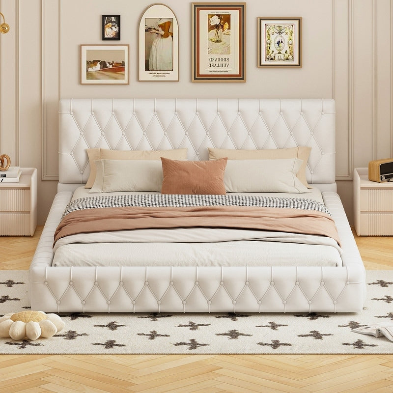 Queen Size Velvet Upholstered Platform Bed with Tufted Headboard