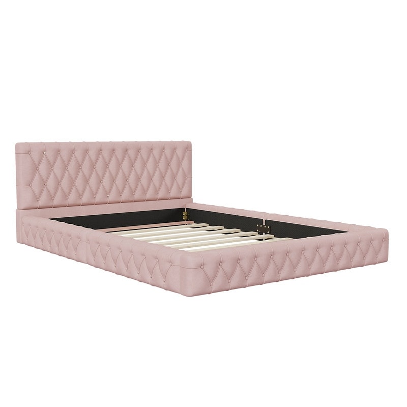 Queen Size Velvet Upholstered Platform Bed with Tufted Headboard