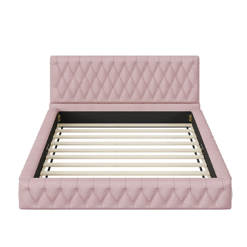 Queen Size Velvet Upholstered Platform Bed with Tufted Headboard