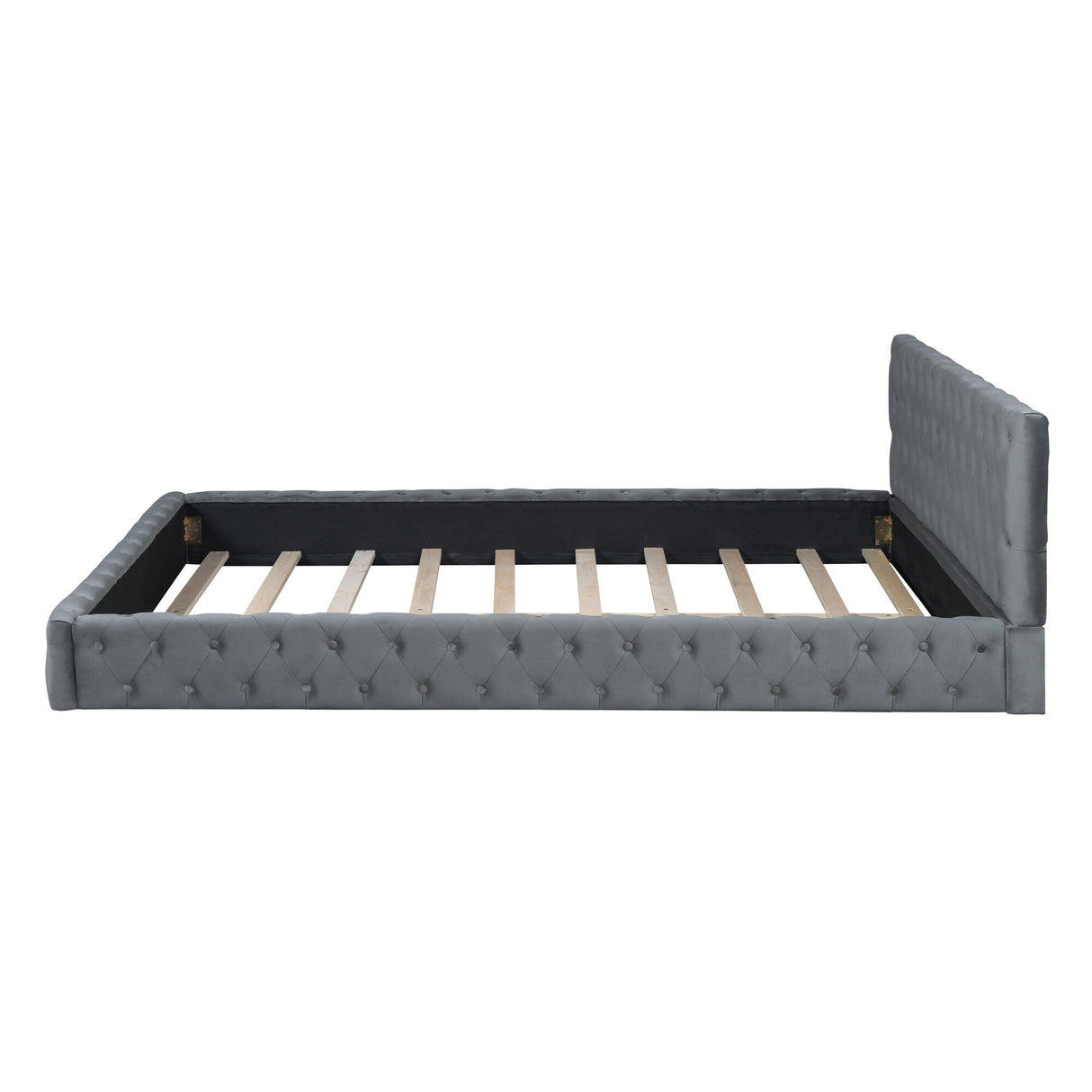 Queen Size Velvet Upholstered Platform Bed, with Luxurious Diamond Grid Headboard,Beige