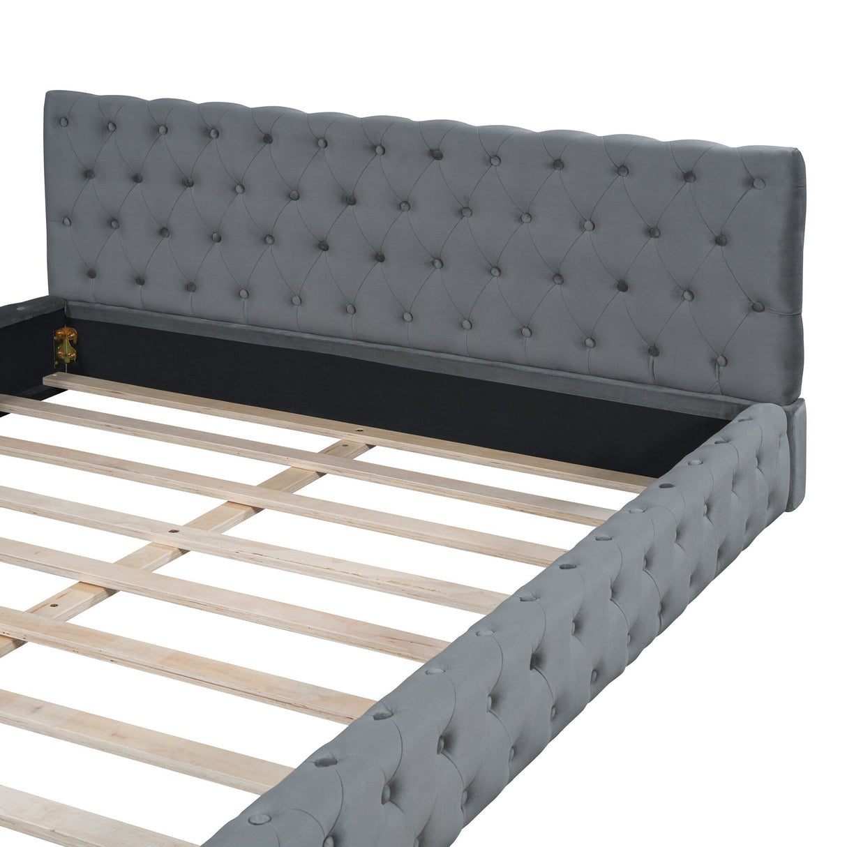 Queen Size Velvet Upholstered Platform Bed, with Luxurious Diamond Grid Headboard,Beige