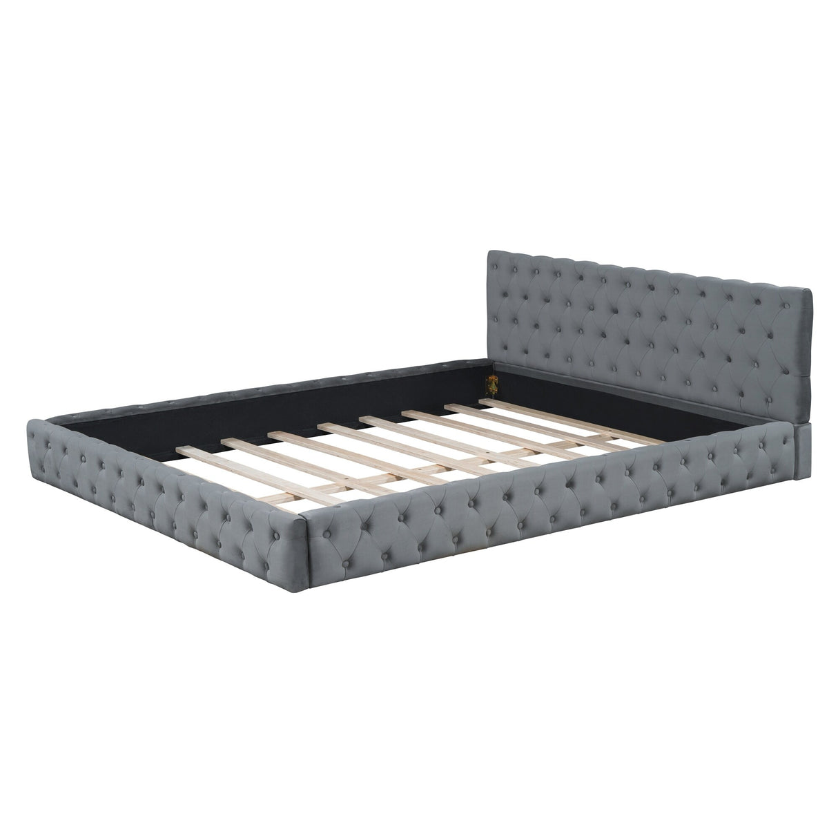 Queen Size Velvet Upholstered Platform Bed, with Luxurious Diamond Grid Headboard,Beige