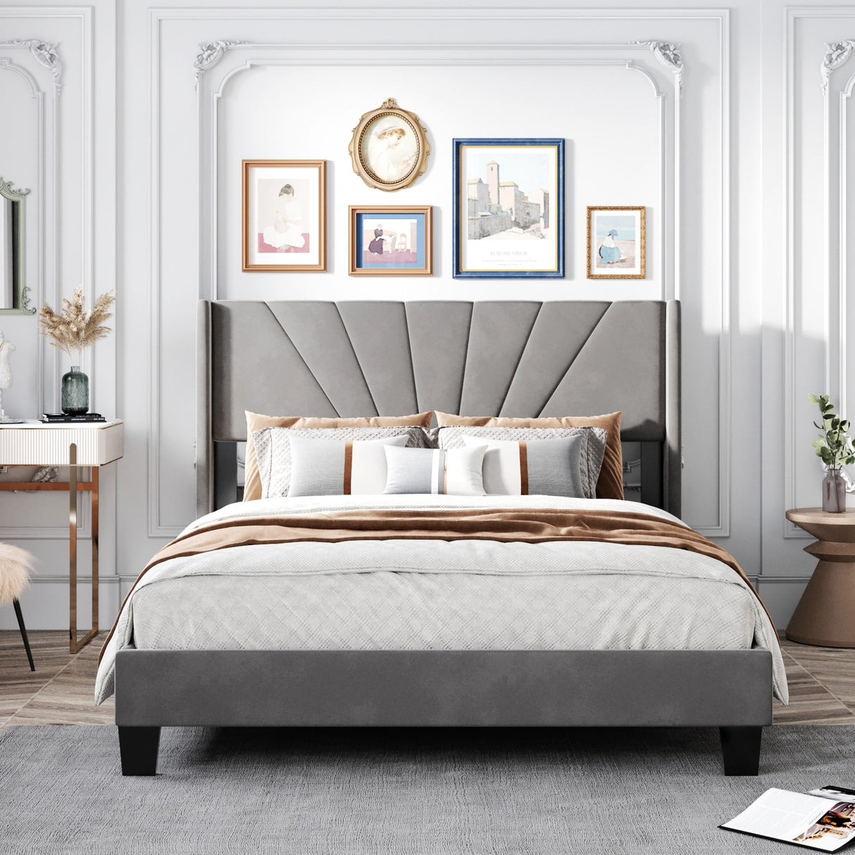 Queen Size Velvet Upholstered Platform Bed