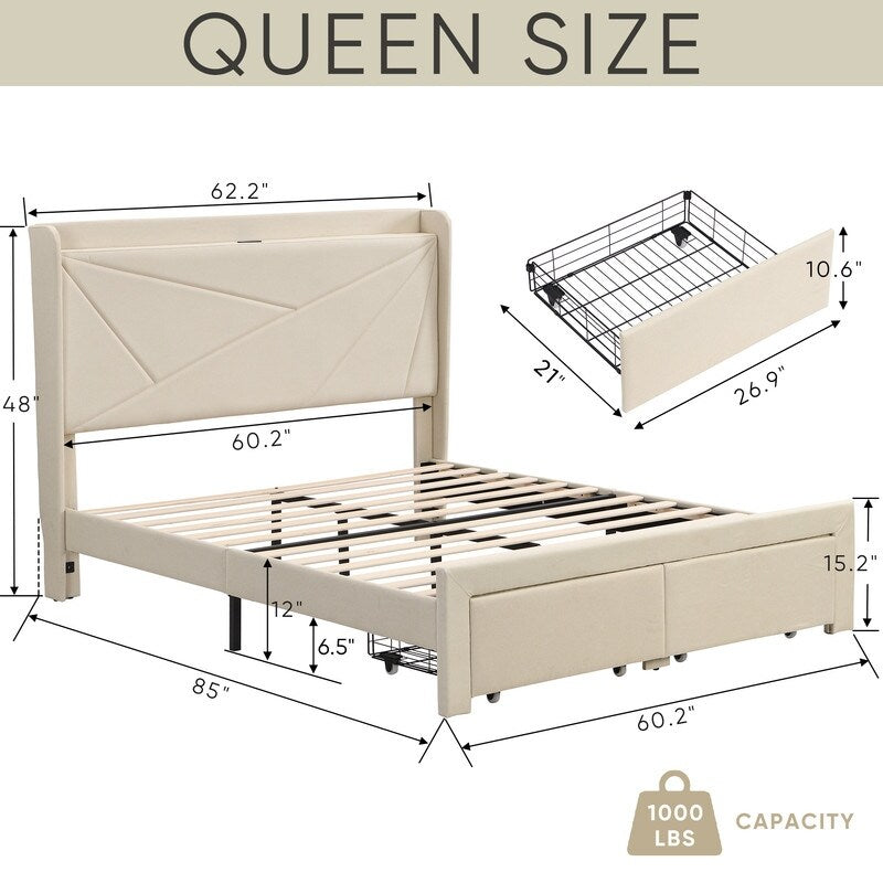 Queen Size Wingback Headboard Upholstered Bed Frame with 2 Drawers, Storage Shelf Built-in USB Charging Stations