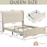 Queen Size Wingback Headboard Upholstered Bed Frame with 2 Drawers, Storage Shelf Built-in USB Charging Stations
