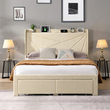 Queen Size Wingback Headboard Upholstered Bed Frame with 2 Drawers, Storage Shelf Built-in USB Charging Stations