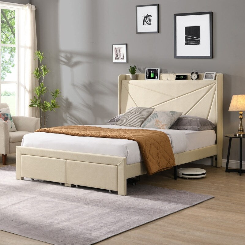 Queen Size Wingback Headboard Upholstered Bed Frame with 2 Drawers, Storage Shelf Built-in USB Charging Stations