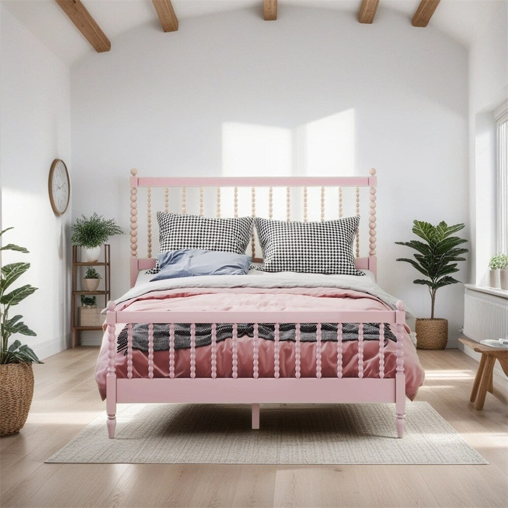Queen Size Wood Platform Bed with Gourd Shaped Headboard and Footboard