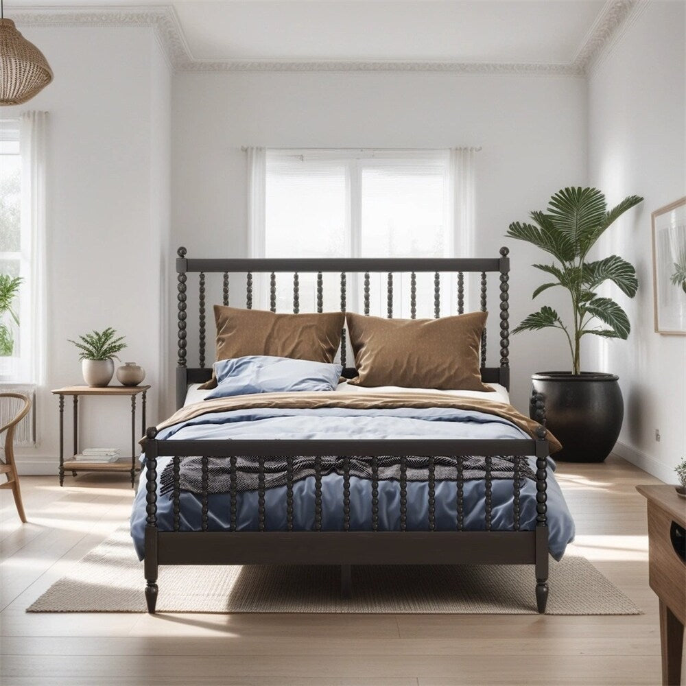 Queen Size Wood Platform Bed with Gourd Shaped Headboard and Footboard