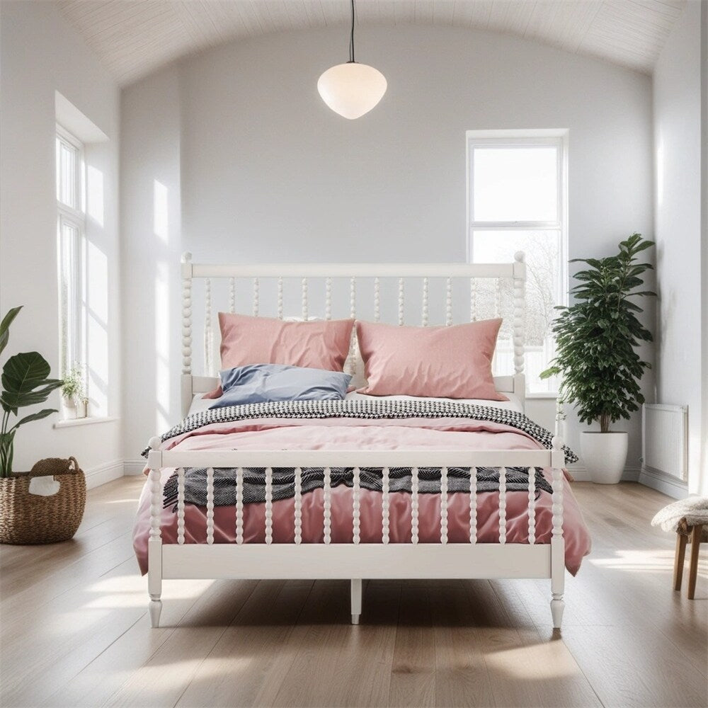 Queen Size Wood Platform Bed with Gourd Shaped Headboard and Footboard
