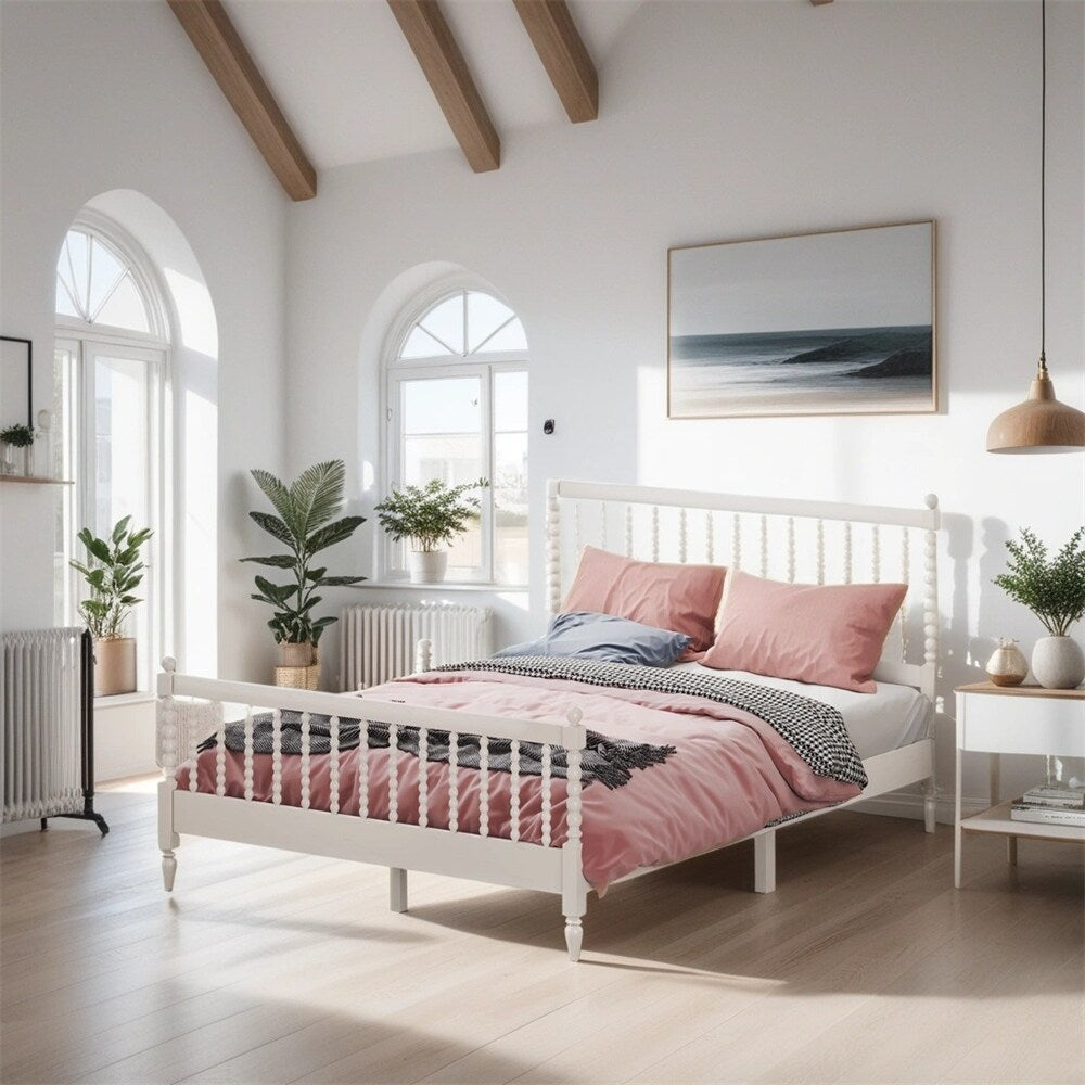 Queen Size Wood Platform Bed with Gourd Shaped Headboard and Footboard