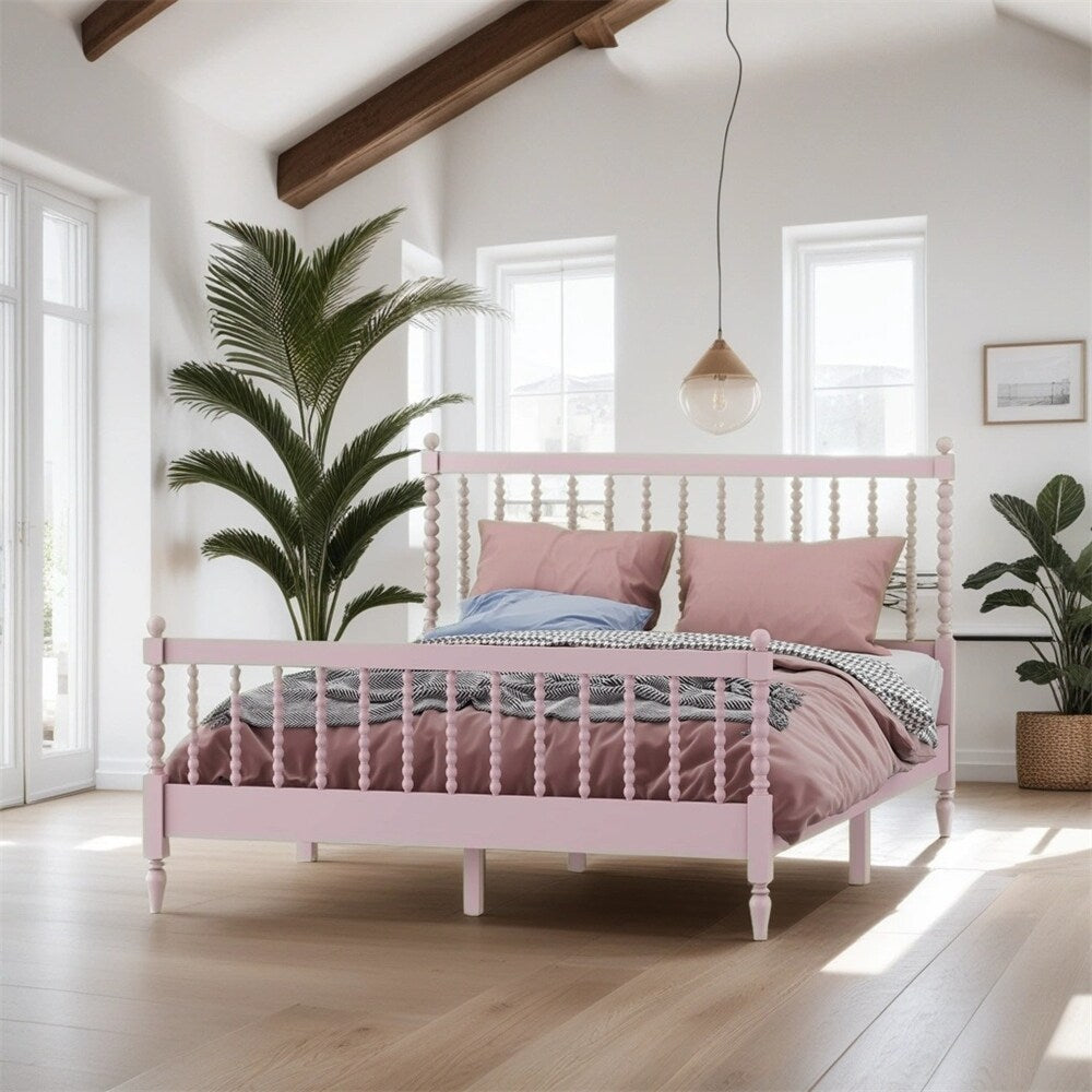Queen Size Wood Platform Bed with Gourd Shaped Headboard and Footboard