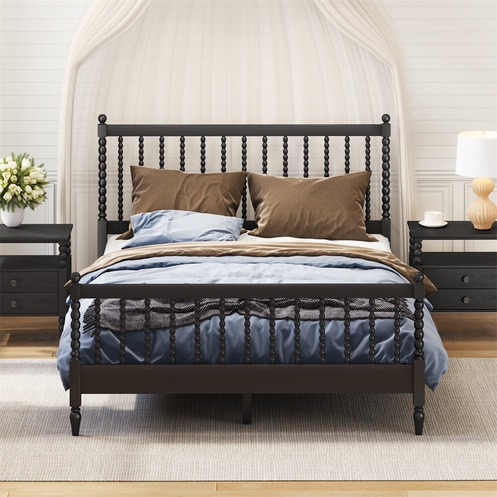 Queen Size Wood Platform Bed with Gourd Shaped Headboard and Footboard