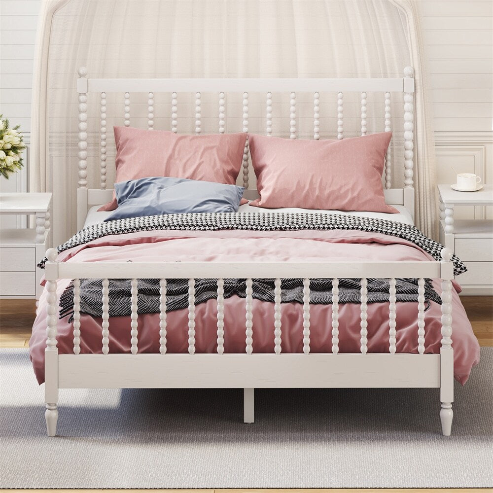 Queen Size Wood Platform Bed with Gourd Shaped Headboard and Footboard