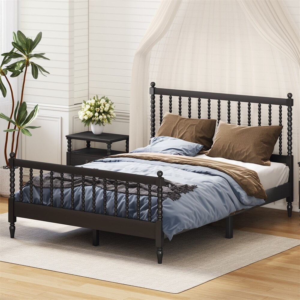 Queen Size Wood Platform Bed with Gourd Shaped Headboard and Footboard
