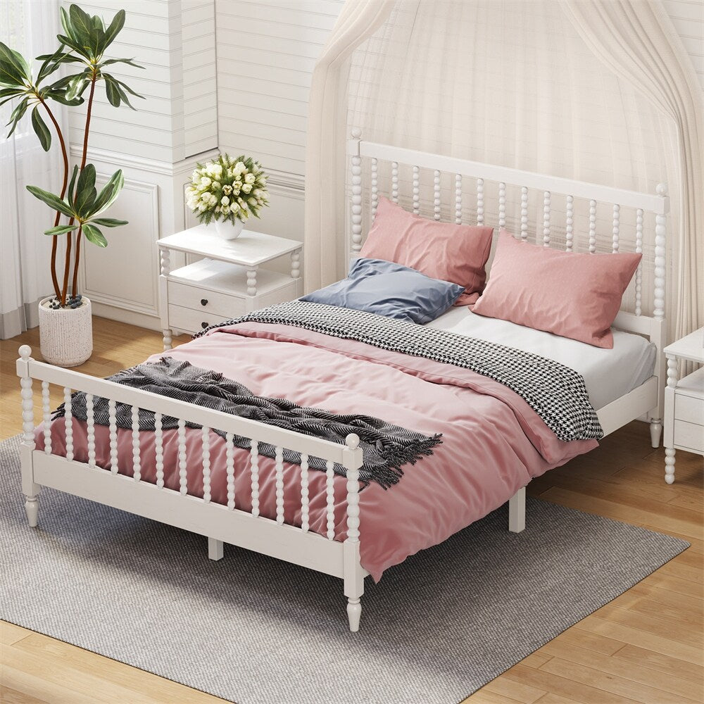 Queen Size Wood Platform Bed with Gourd Shaped Headboard and Footboard