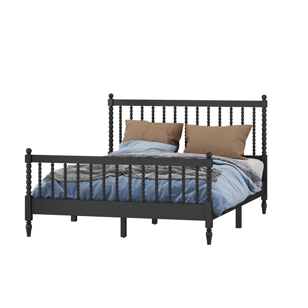 Queen Size Wood Platform Bed with Gourd Shaped Headboard and Footboard