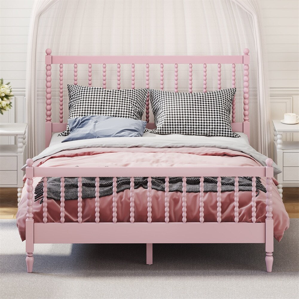 Queen Size Wood Platform Bed with Gourd Shaped Headboard and Footboard