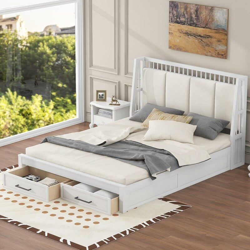 Queen Size Wood Platform Bed with Upholstered Headboard and 2 Drawers