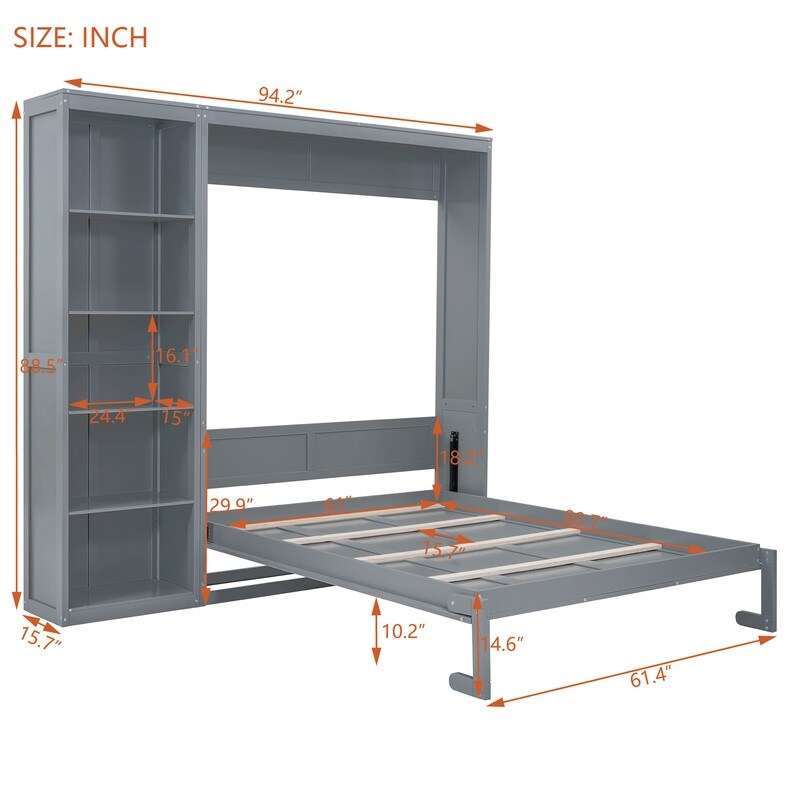 Queen Size Wooden Murphy Bed Wall Bed with Shelves