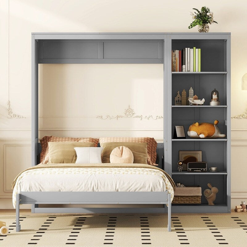 Queen Size Wooden Murphy Bed Wall Bed with Shelves