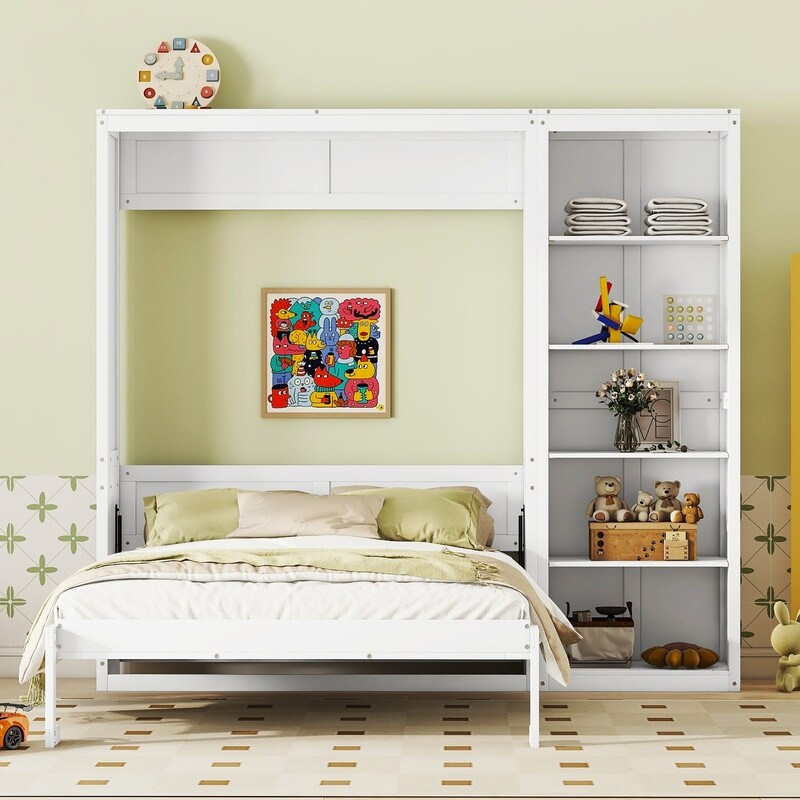 Queen Size Wooden Murphy Bed Wall Bed with Shelves