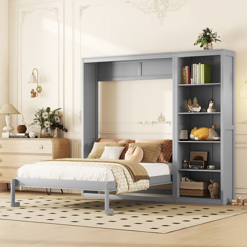 Queen Size Wooden Murphy Bed Wall Bed with Shelves