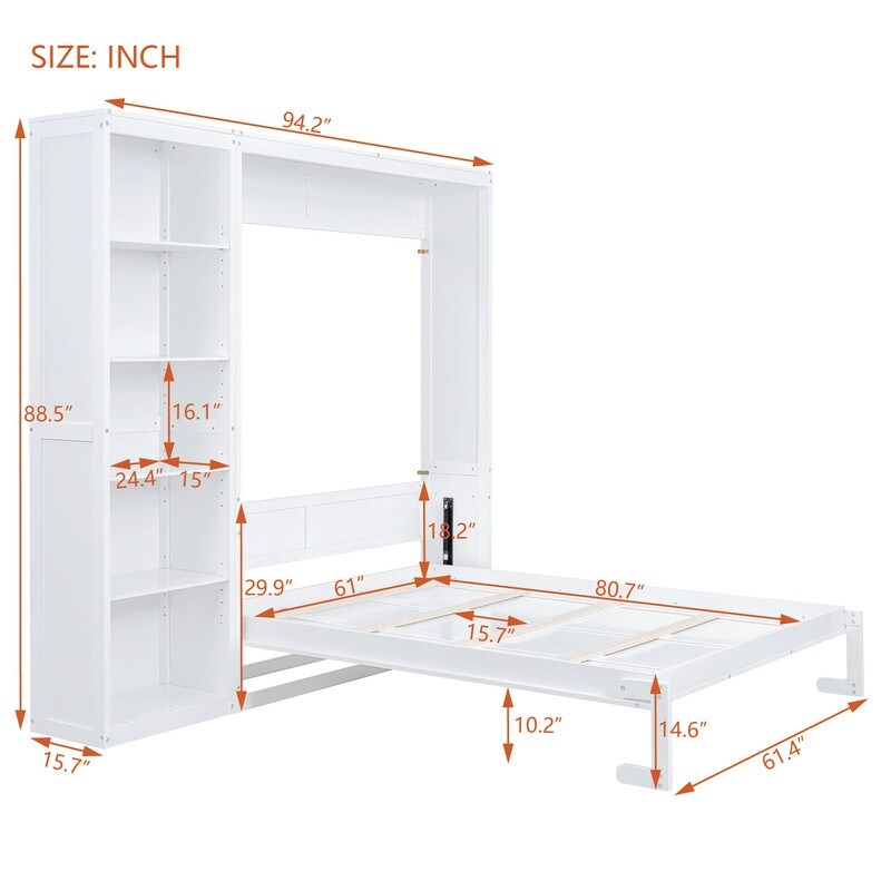 Queen Size Wooden Murphy Bed Wall Bed with Shelves
