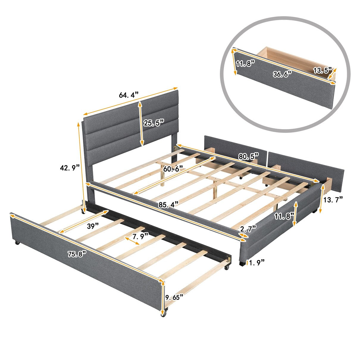 Queen Upholstered Platform Bed with Trundle and Two Drawers