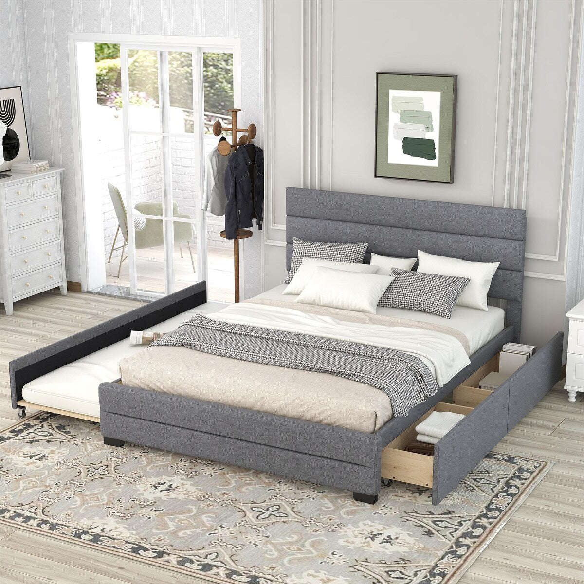 Queen Upholstered Platform Bed with Trundle and Two Drawers