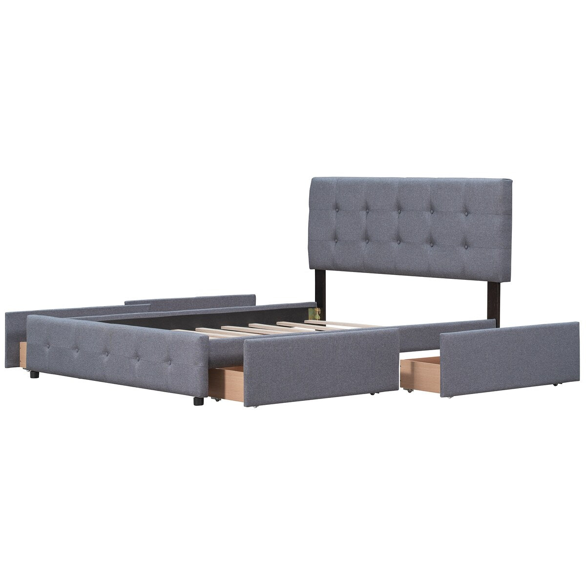 Queen Upholstered Platform Bed, Classic Headboard, 4 Drawers, Linen Fabric, No Box Spring