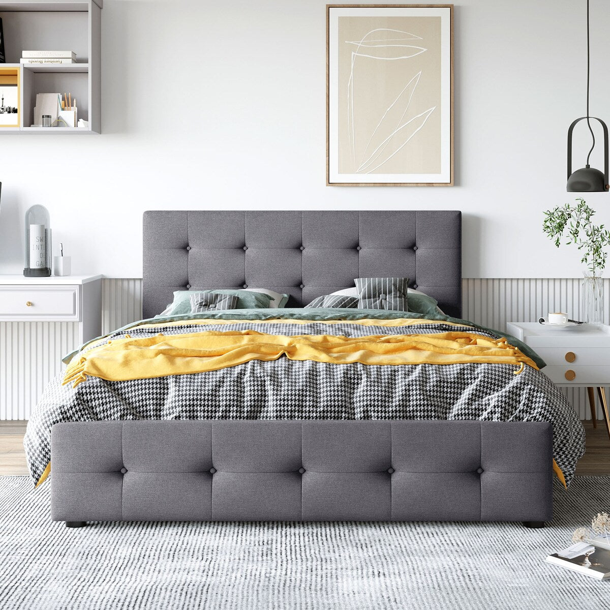 Queen Upholstered Platform Bed, Classic Headboard, 4 Drawers, Linen Fabric, No Box Spring