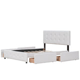 Queen Upholstered Platform Bed, Classic Headboard, 4 Drawers, Linen Fabric, No Box Spring