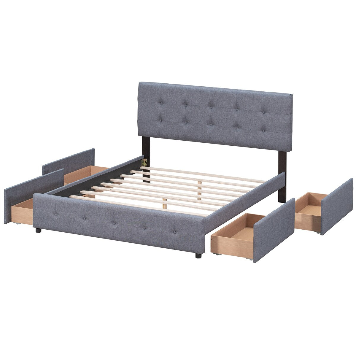Queen Upholstered Platform Bed, Classic Headboard, 4 Drawers, Linen Fabric, No Box Spring