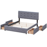 Queen Upholstered Platform Bed, Classic Headboard, 4 Drawers, Linen Fabric, No Box Spring
