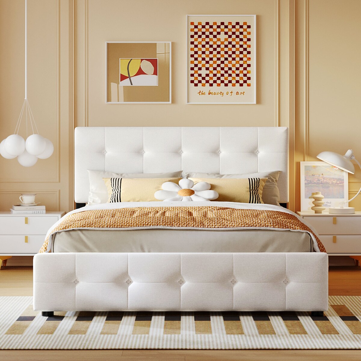 Queen Upholstered Platform Bed, Classic Headboard, 4 Drawers, Linen Fabric, No Box Spring
