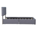 Queen Upholstered Platform Bed, Classic Headboard, 4 Drawers, Linen Fabric, No Box Spring