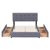 Queen Upholstered Platform Bed, Classic Headboard, 4 Drawers, Linen Fabric, No Box Spring