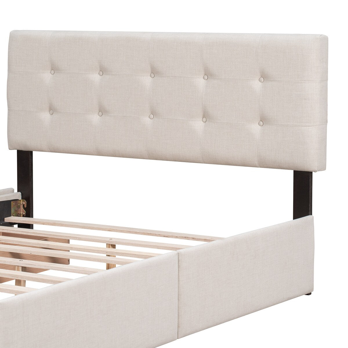 Queen Upholstered Platform Bed, Classic Headboard, 4 Drawers, Linen Fabric, No Box Spring