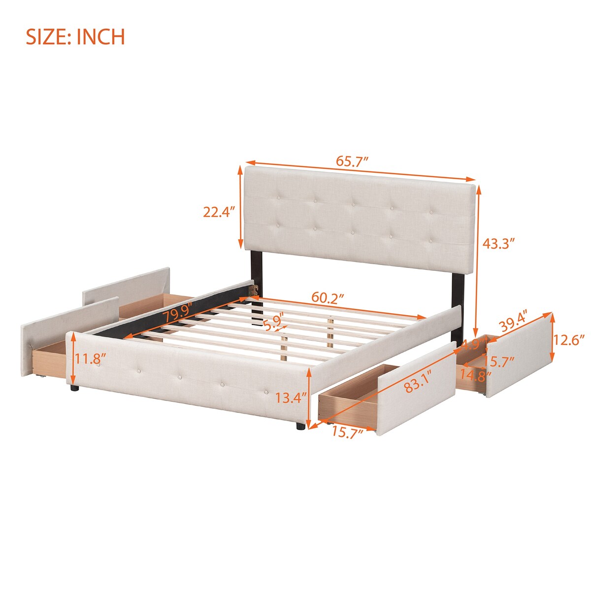 Queen Upholstered Platform Bed, Classic Headboard, 4 Drawers, Linen Fabric, No Box Spring