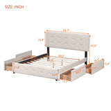 Queen Upholstered Platform Bed, Classic Headboard, 4 Drawers, Linen Fabric, No Box Spring