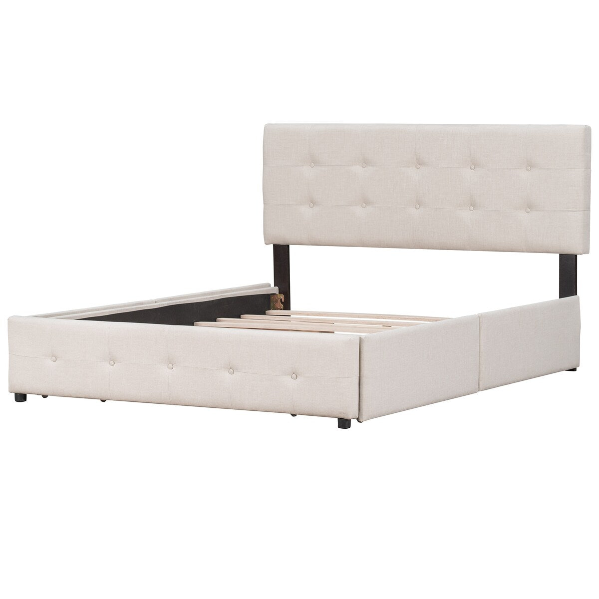 Queen Upholstered Platform Bed, Classic Headboard, 4 Drawers, Linen Fabric, No Box Spring