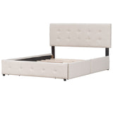 Queen Upholstered Platform Bed, Classic Headboard, 4 Drawers, Linen Fabric, No Box Spring