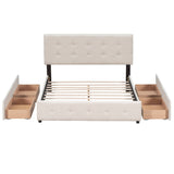Queen Upholstered Platform Bed, Classic Headboard, 4 Drawers, Linen Fabric, No Box Spring