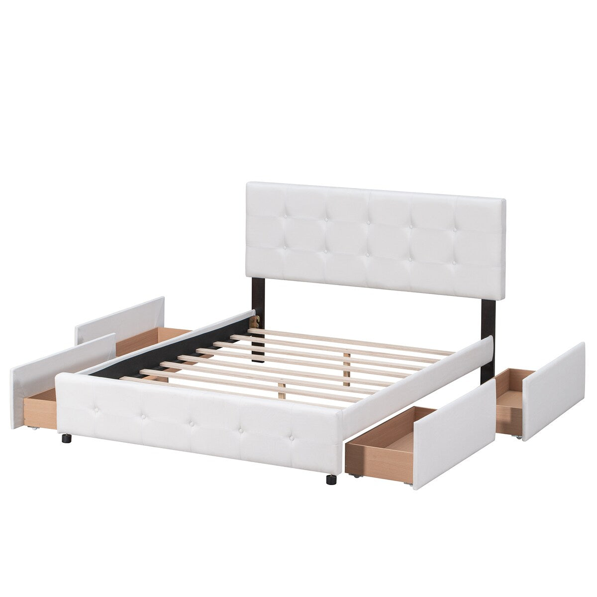 Queen Upholstered Platform Bed, Classic Headboard, 4 Drawers, Linen Fabric, No Box Spring