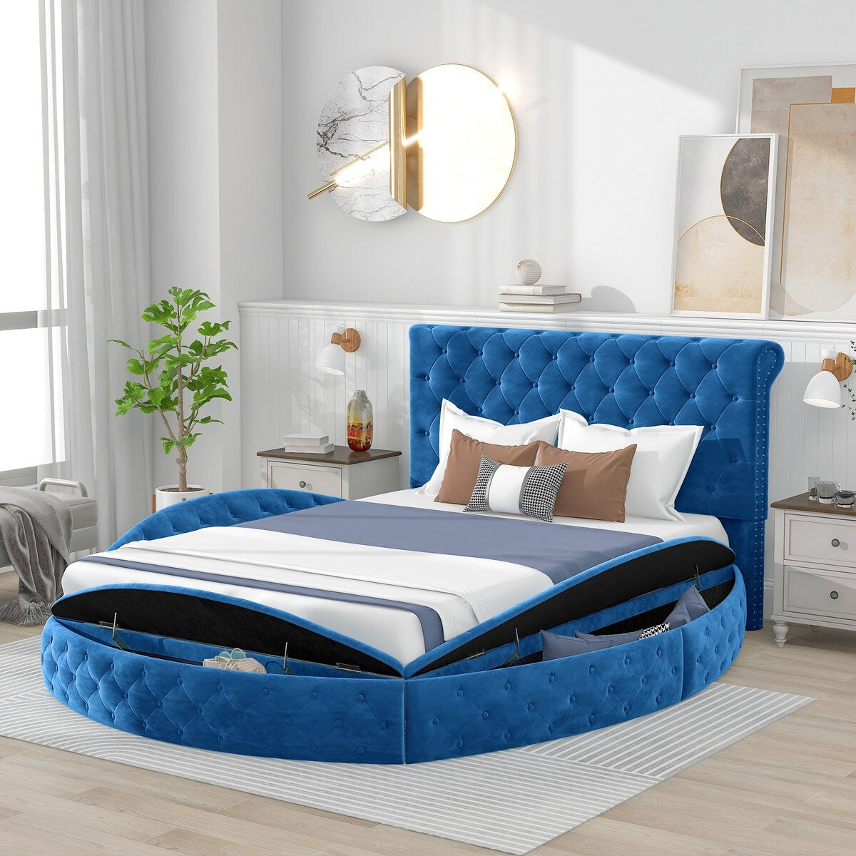 Queen Velvet Upholstered Platform Bed,w/Storage Space & Footboard,Blue