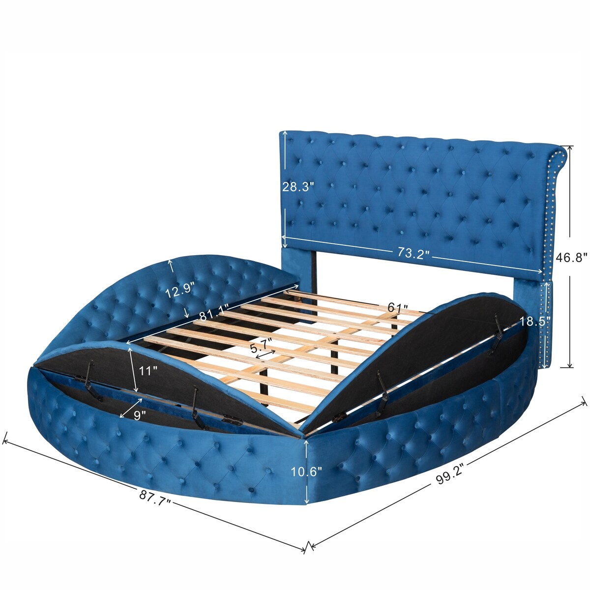 Queen Velvet Upholstered Platform Bed,w/Storage Space & Footboard,Blue
